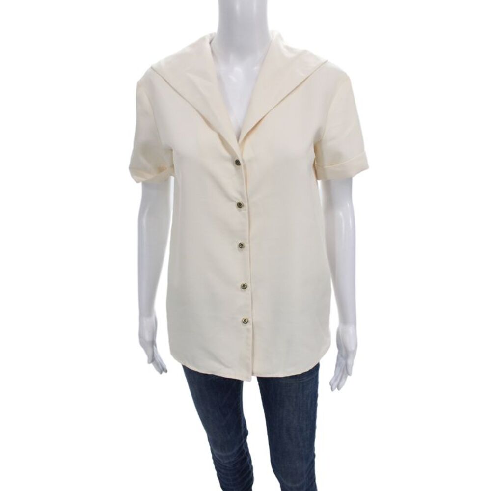 Ina Women Basic Ivory Collared Button Short Sleeve Blouse Size 2XS
